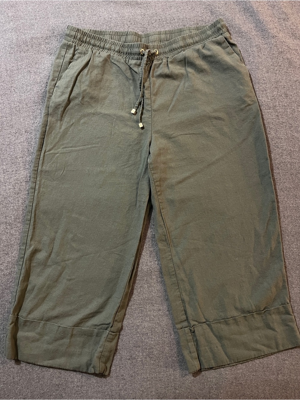 Anne Klein Olive Green Drawstring Wide-Leg Linen Crop Pants